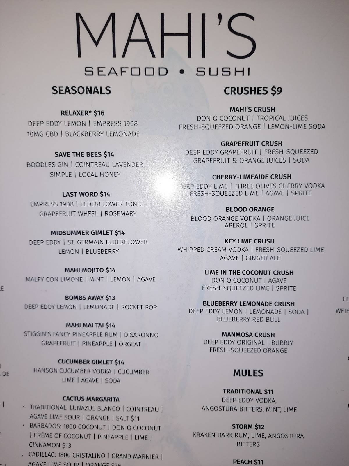Menu at Mahi's restaurant, Virginia Beach
