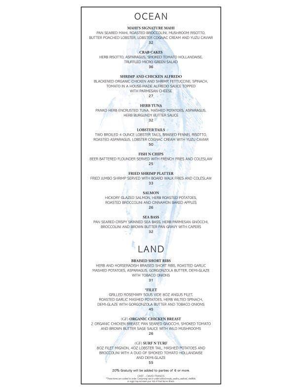 Menu at Mahi's restaurant, Virginia Beach