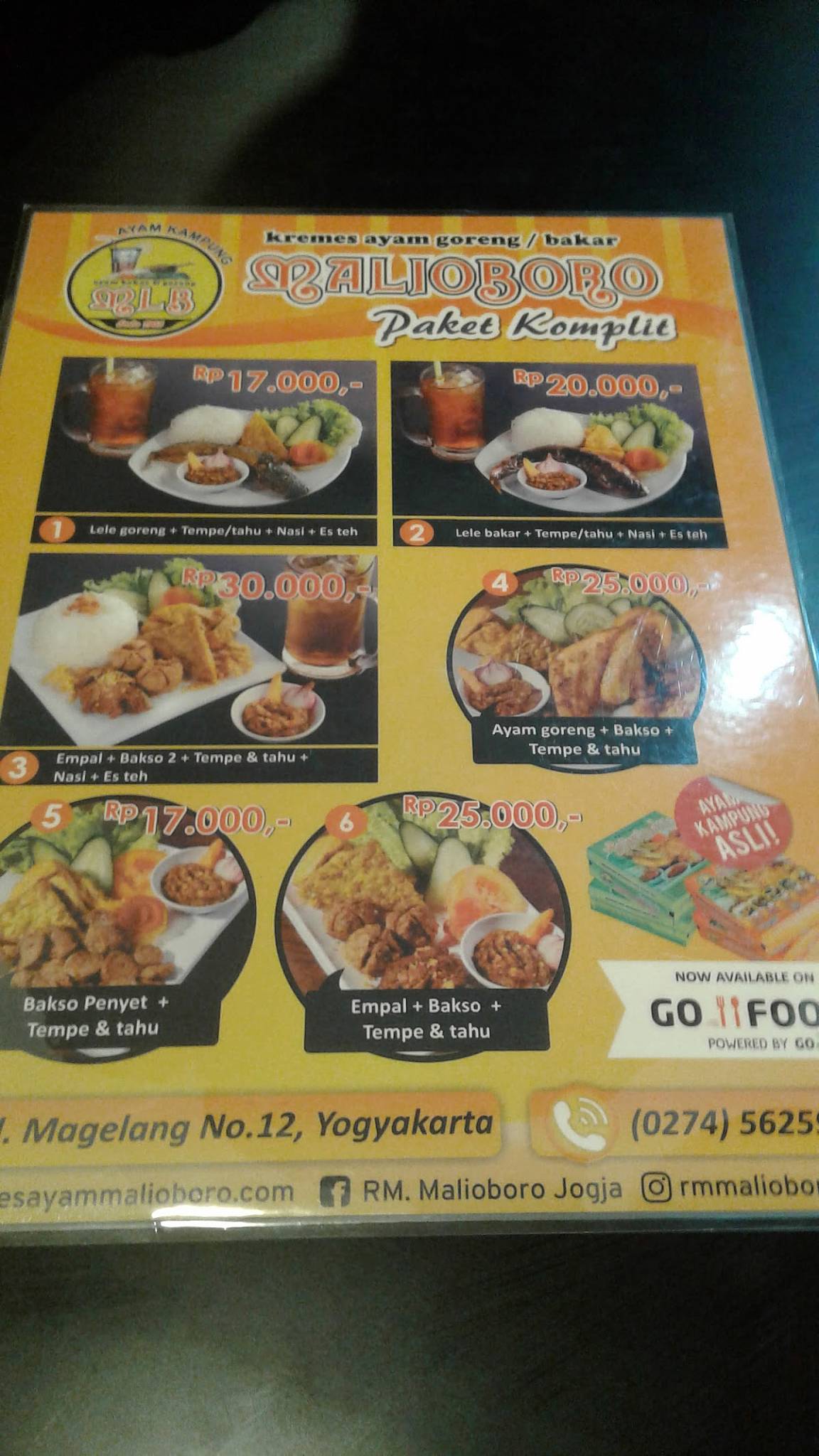 Menu at Malioboro Kremes Ayam Goreng restaurant, Yogyakarta