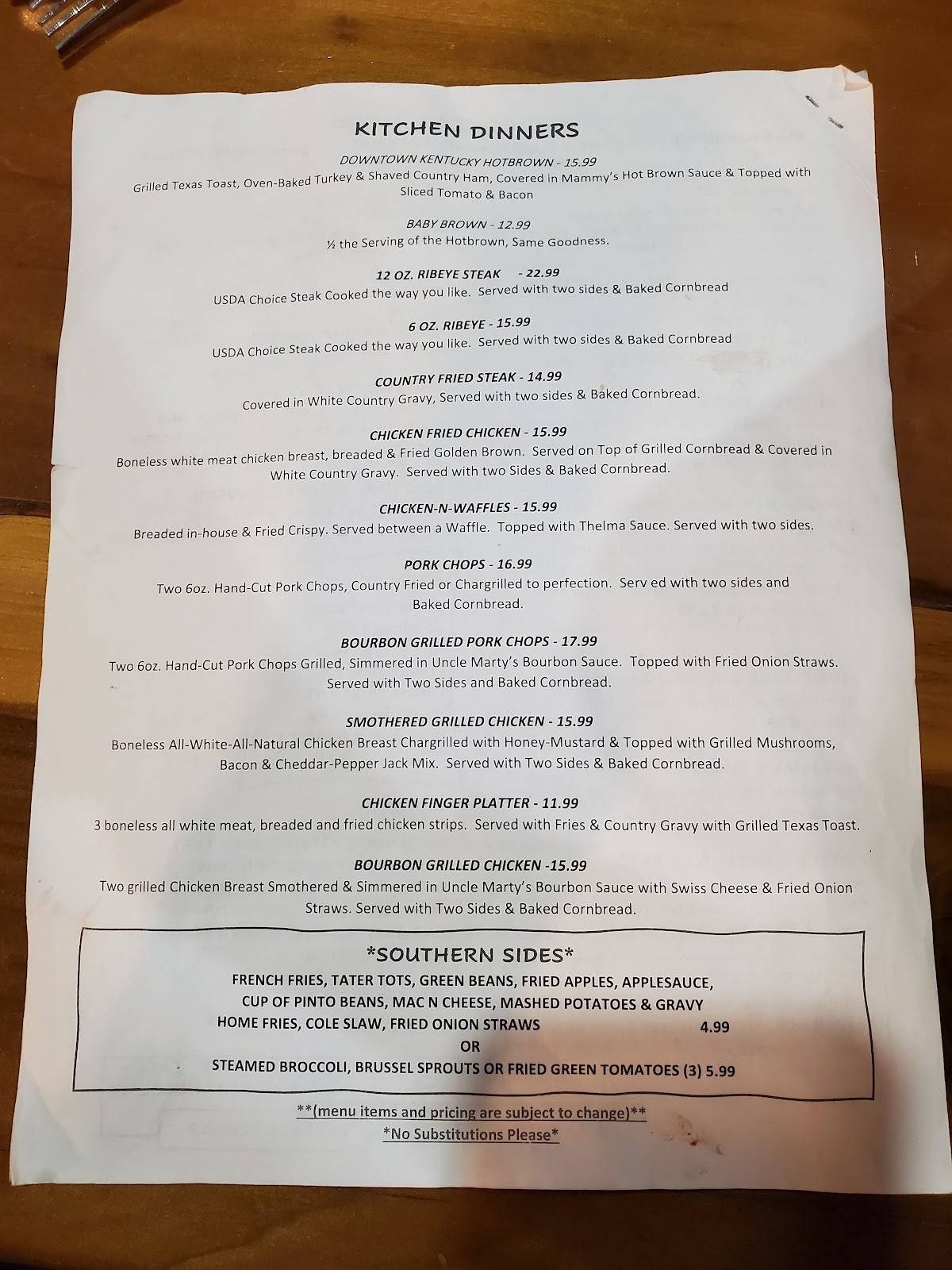 Menu at Mammy's Kitchen & Bar, Bardstown