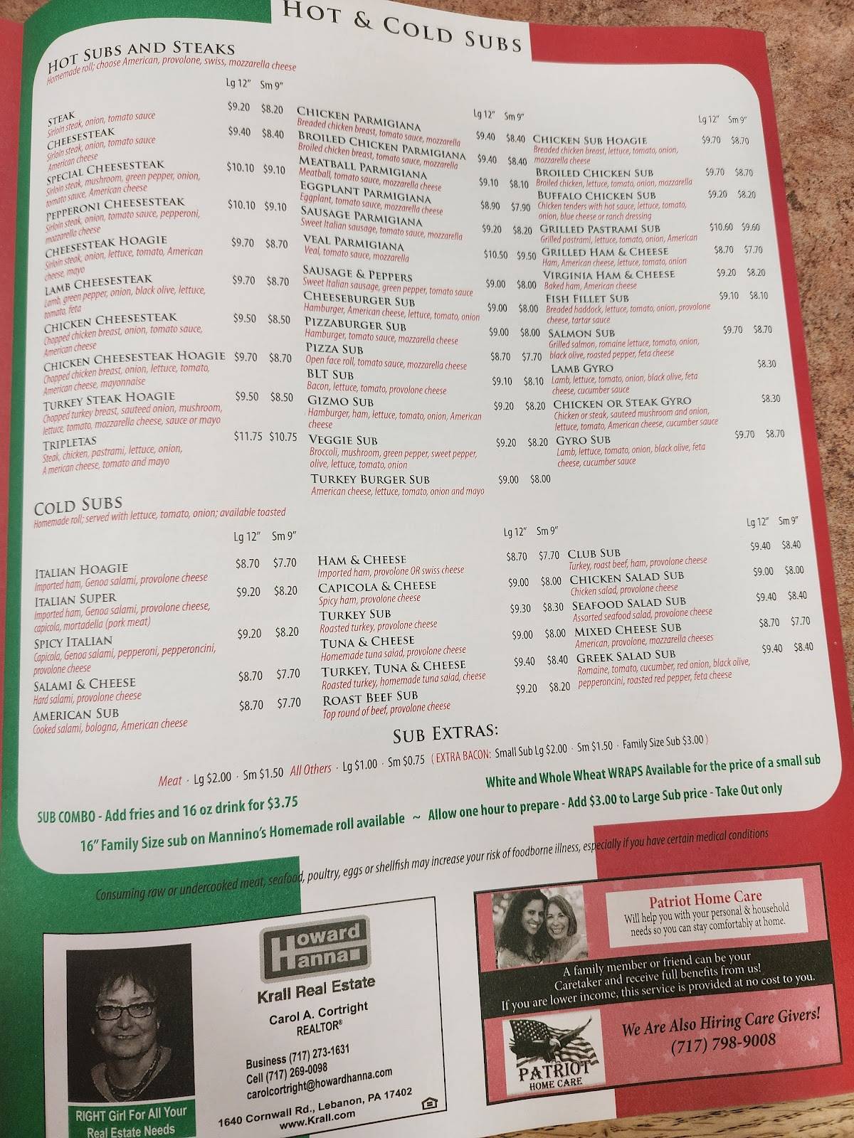 Menu at Mannino's Pizzeria & Restaurant Lebanon, PA, Lebanon