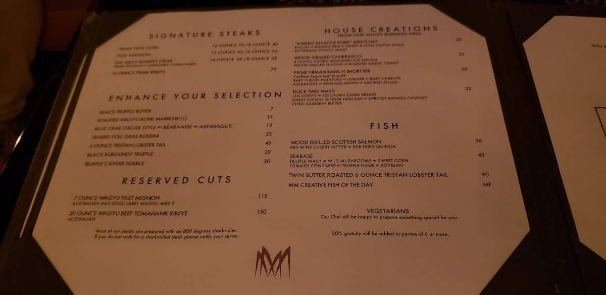 Меню Meat Market Steakhouse Palm Beach, ПалмБич