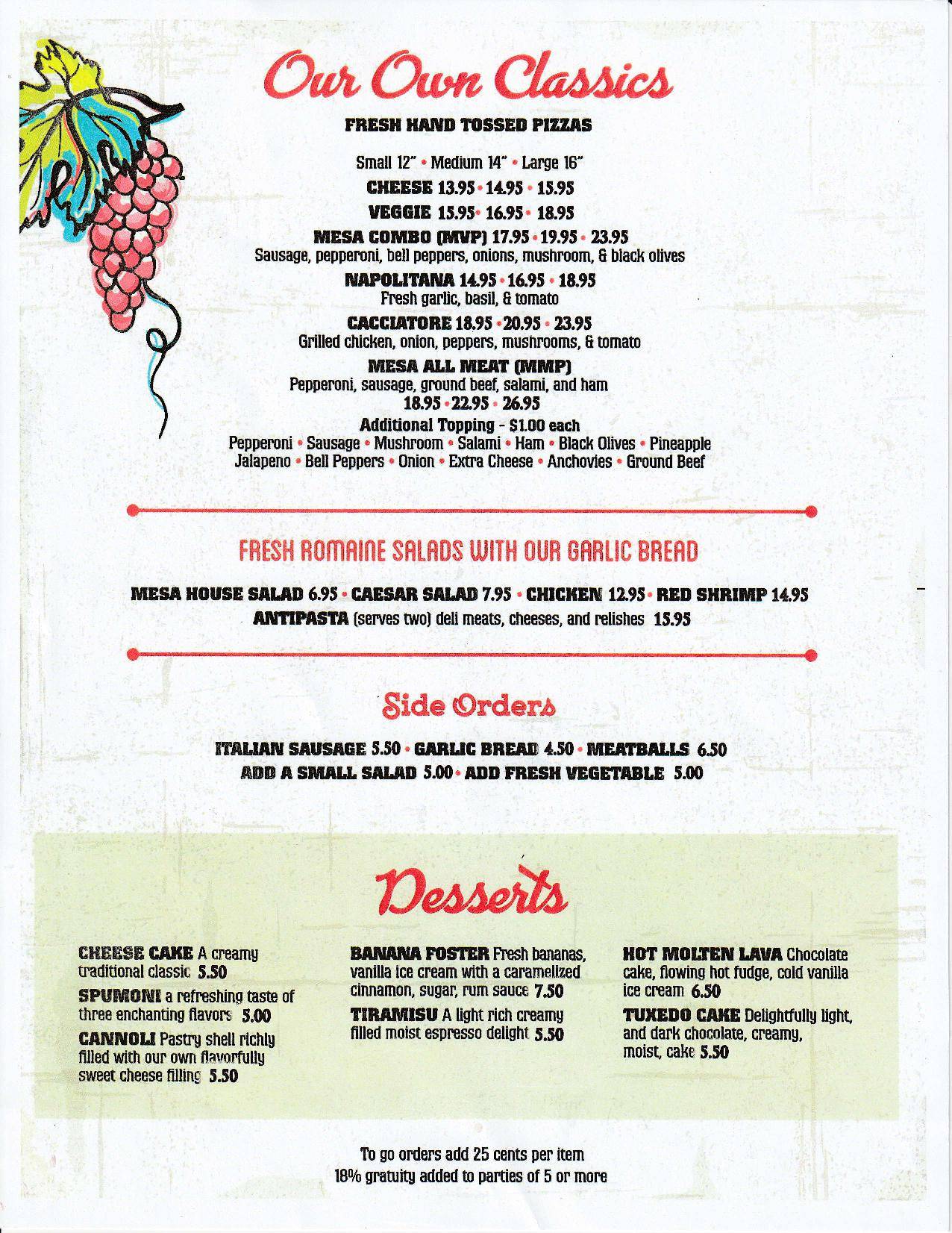 Menu at Mesa Italiana Restaurant, Holbrook
