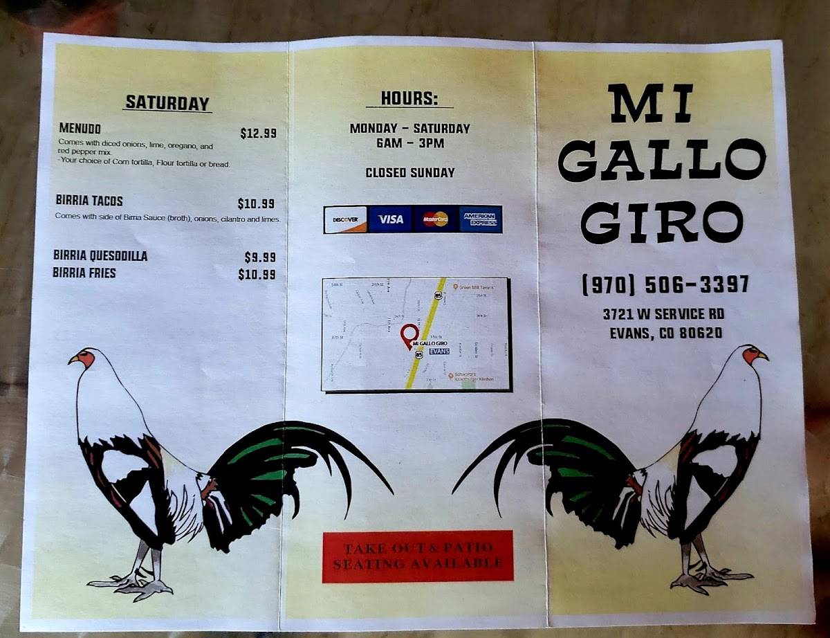 Menu at Mi Gallo Giro Mexican Restaurant, Evans