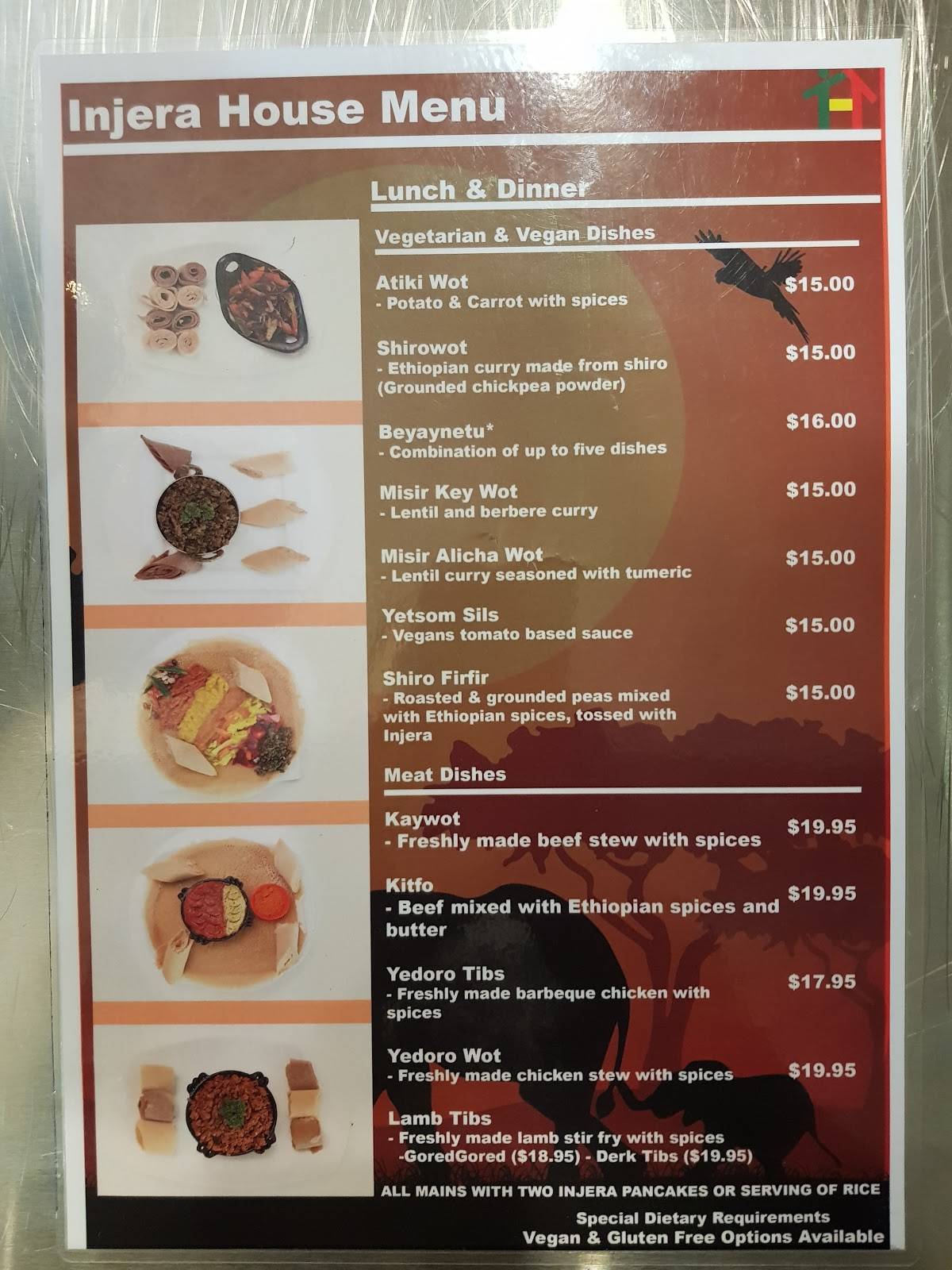 Menu at Injera House restaurant, Mirrabooka