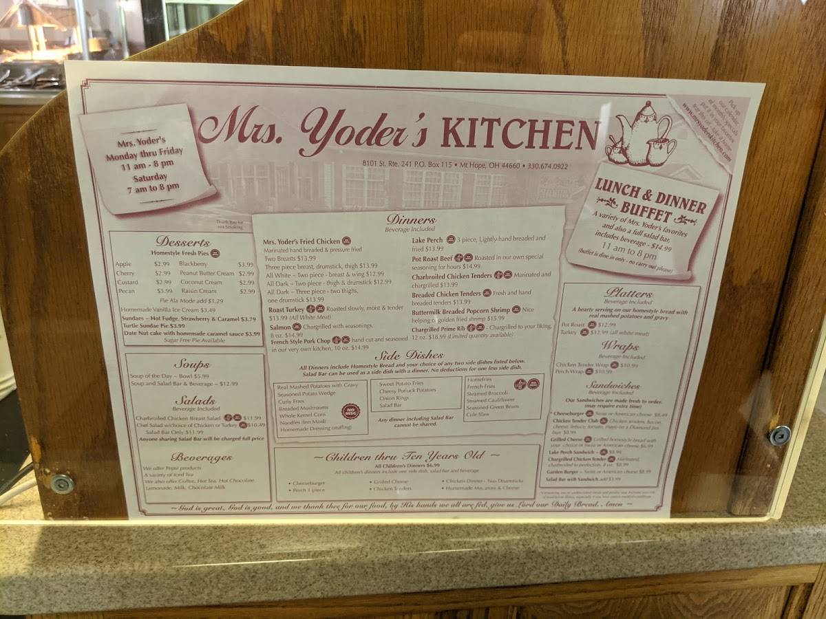 Menu at Mrs Yoders Kitchen restaurant, Mount Hope
