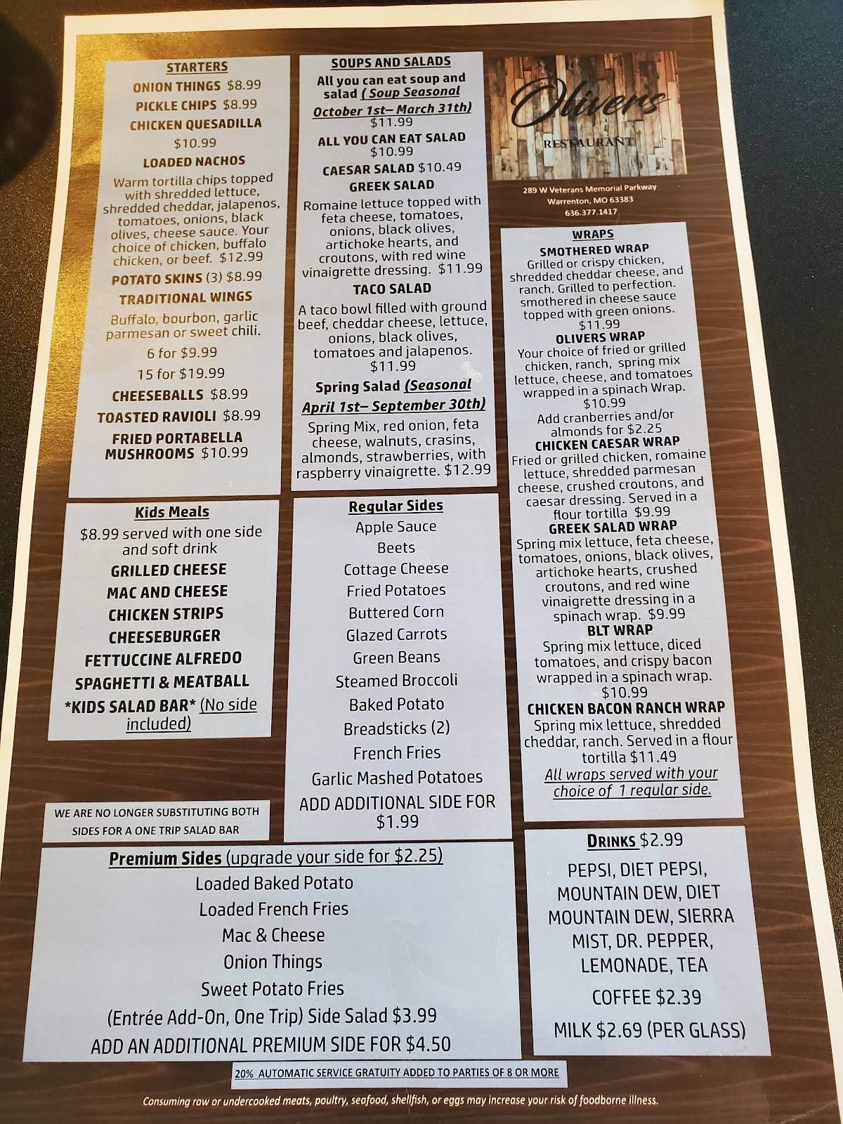 Menu at Oliver's steakhouse, Warrenton