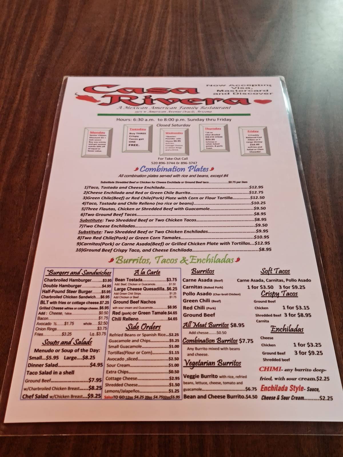 Menu at Casa Rivera's Taco Express restaurant, Oracle
