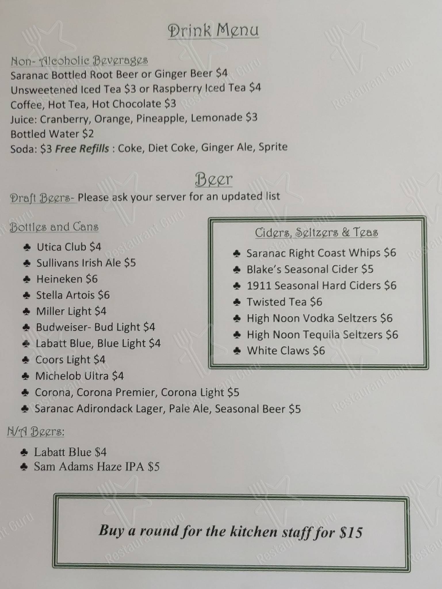Menu at Packy's Pub, Washington Mills