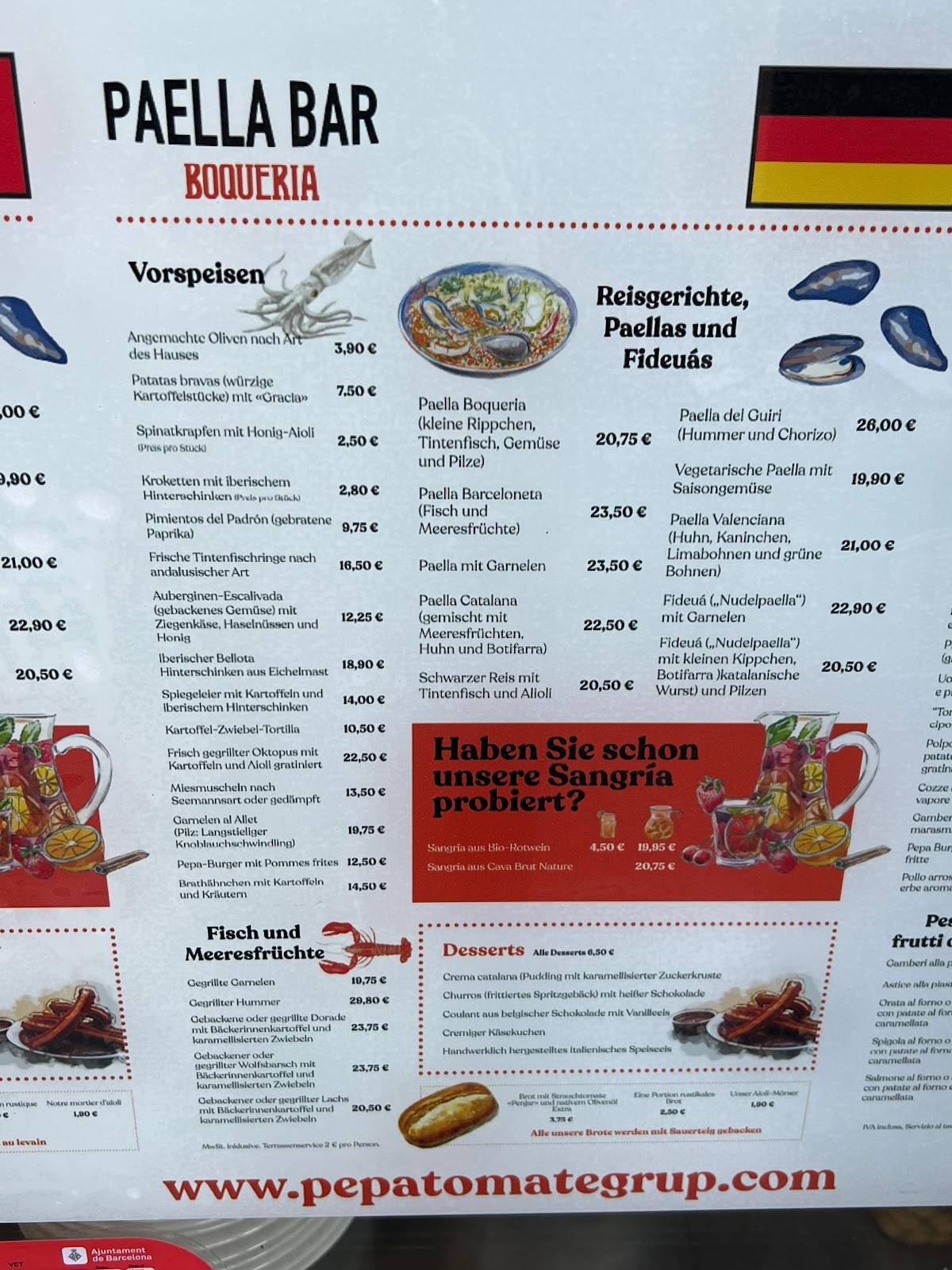Menu at Paella Bar Boqueria, Barcelona, Mercat de la Boqueria Pòrtics de la Boqueria