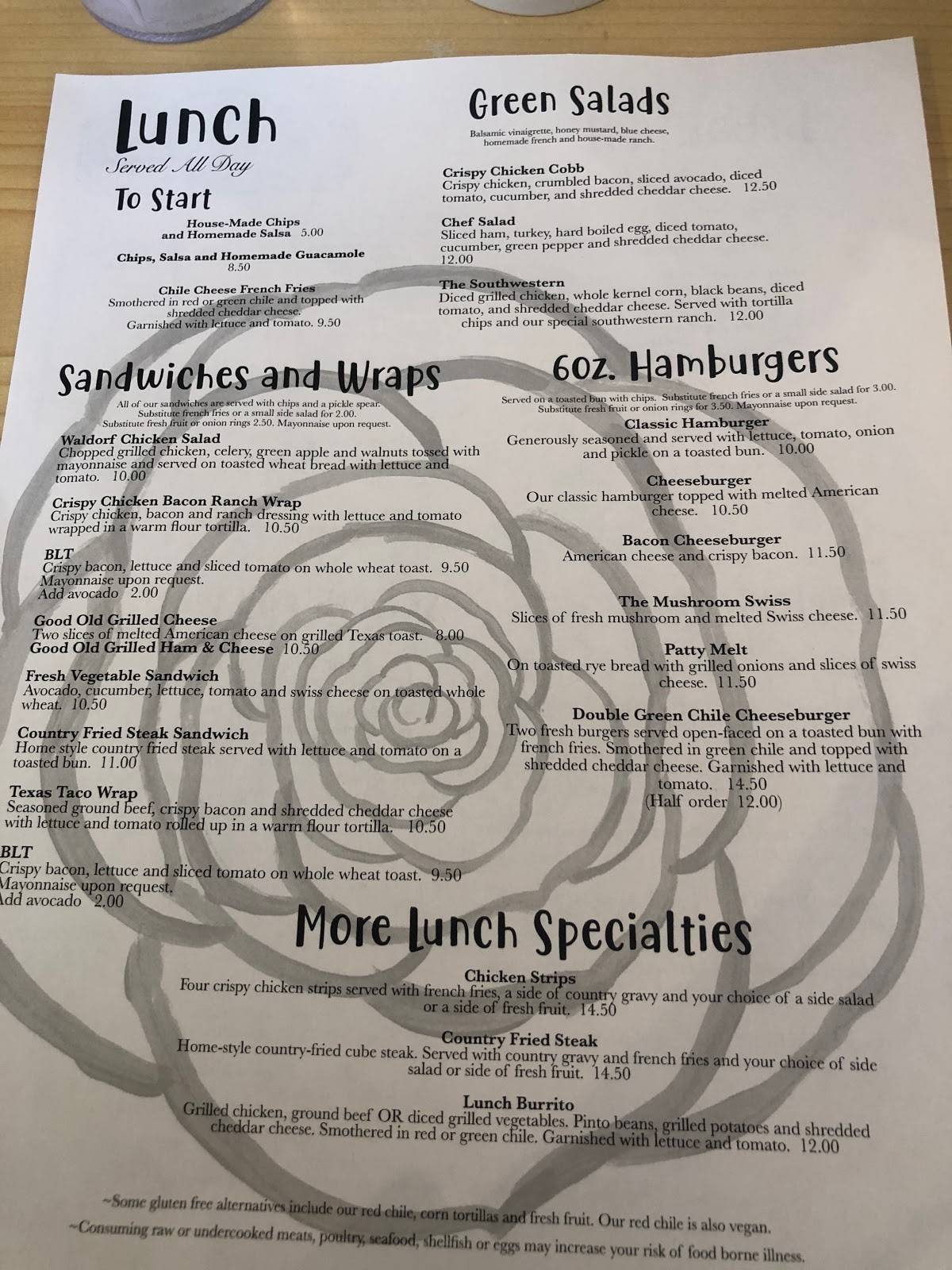 Menu at The Rose cafe, Pagosa Springs, 408 Pagosa St
