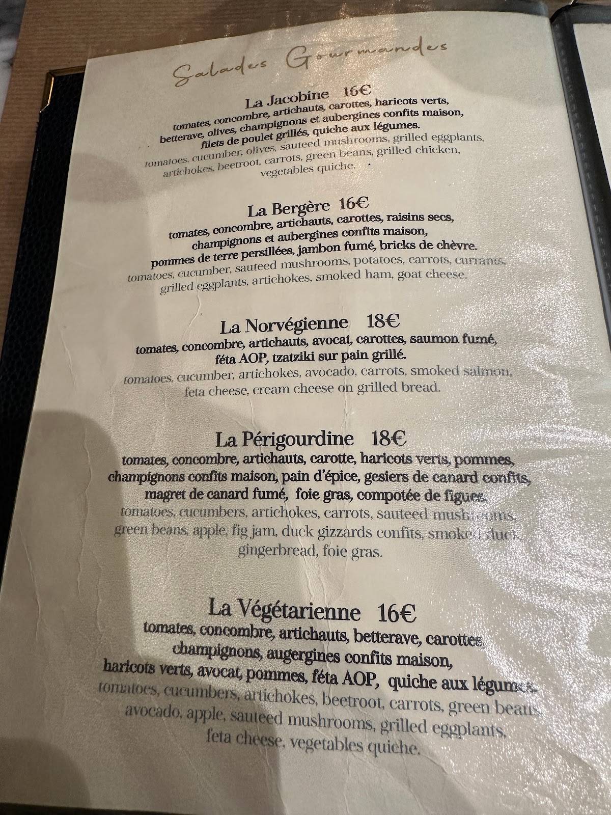 Menu at La Jacobine restaurant, Paris, 5961 Rue SaintAndré des
