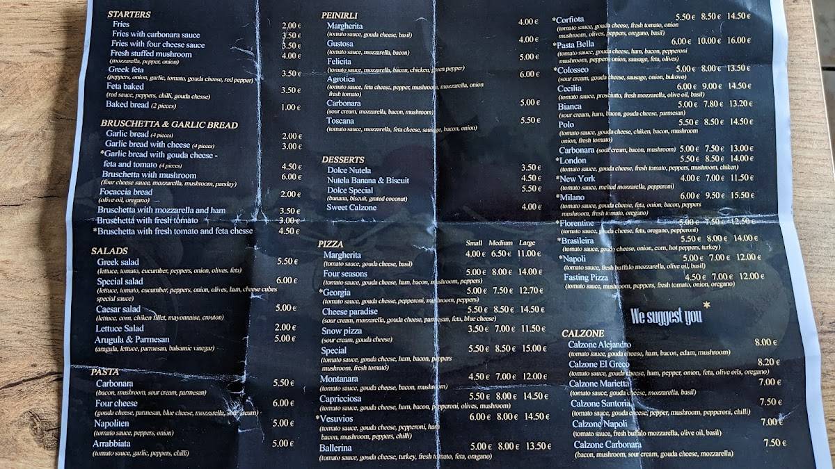 Menu at Pasta Bella, Corfu