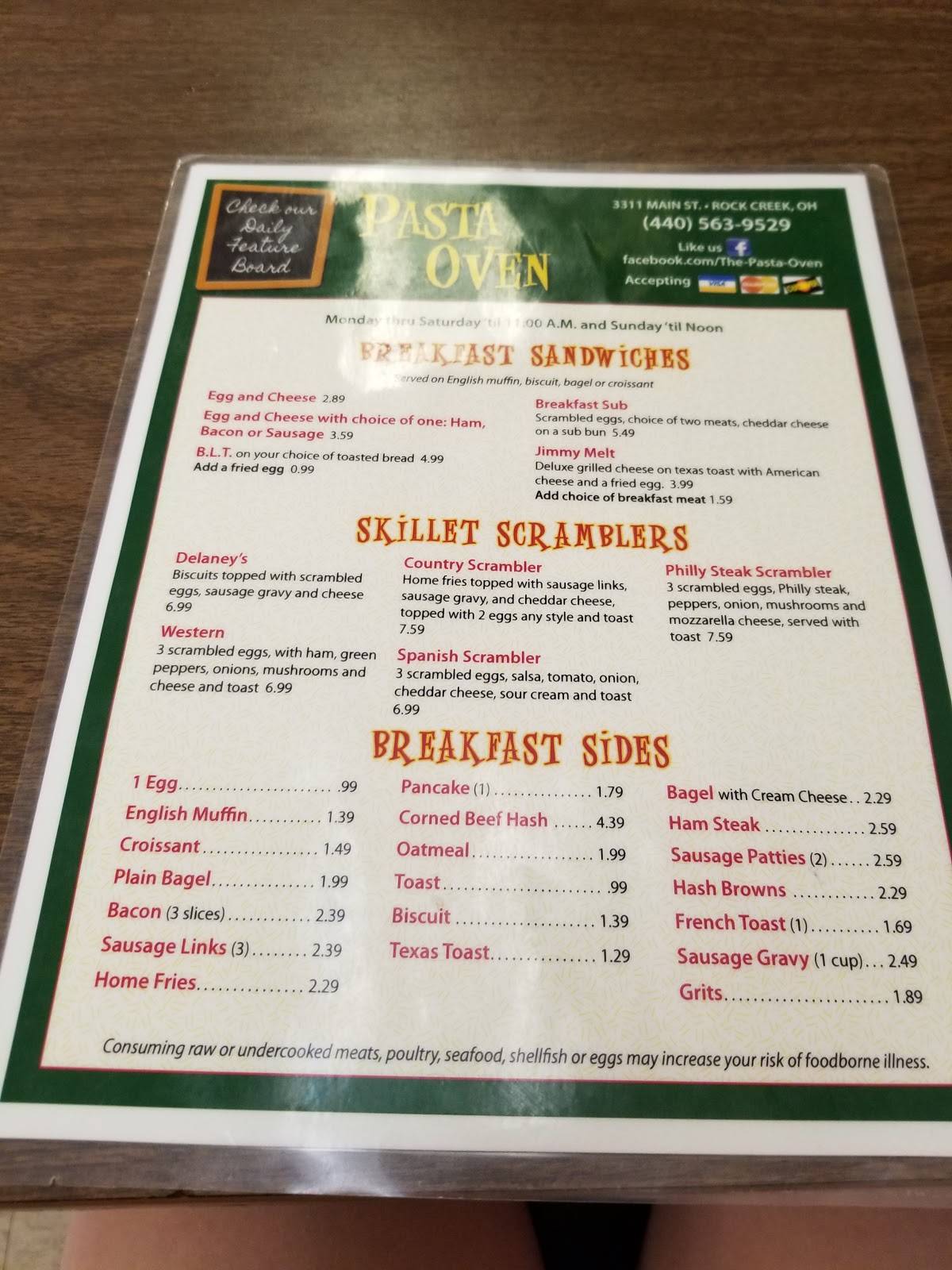 Menu at Pasta Oven pizzeria, Rock Creek