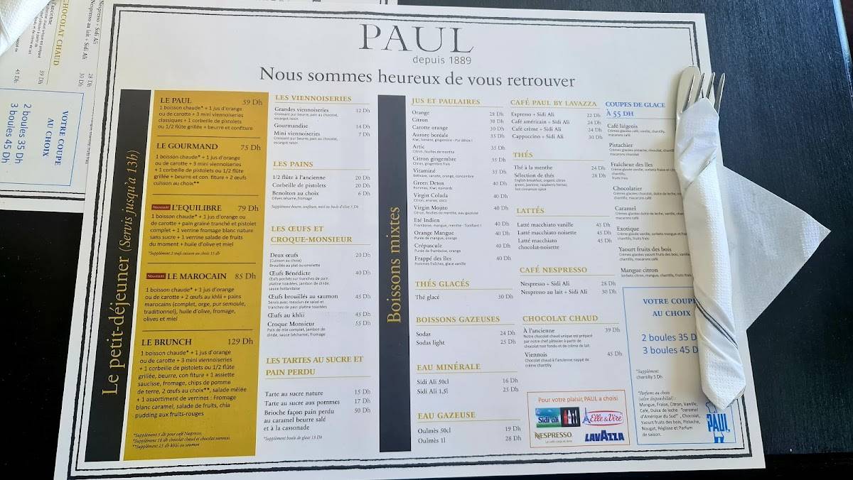 Menu at Paul CIL restaurant, Casablanca