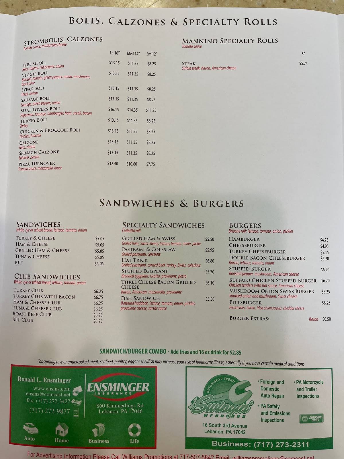 Menu at Mannino's Pizzeria & Restaurant Lebanon, PA, Lebanon