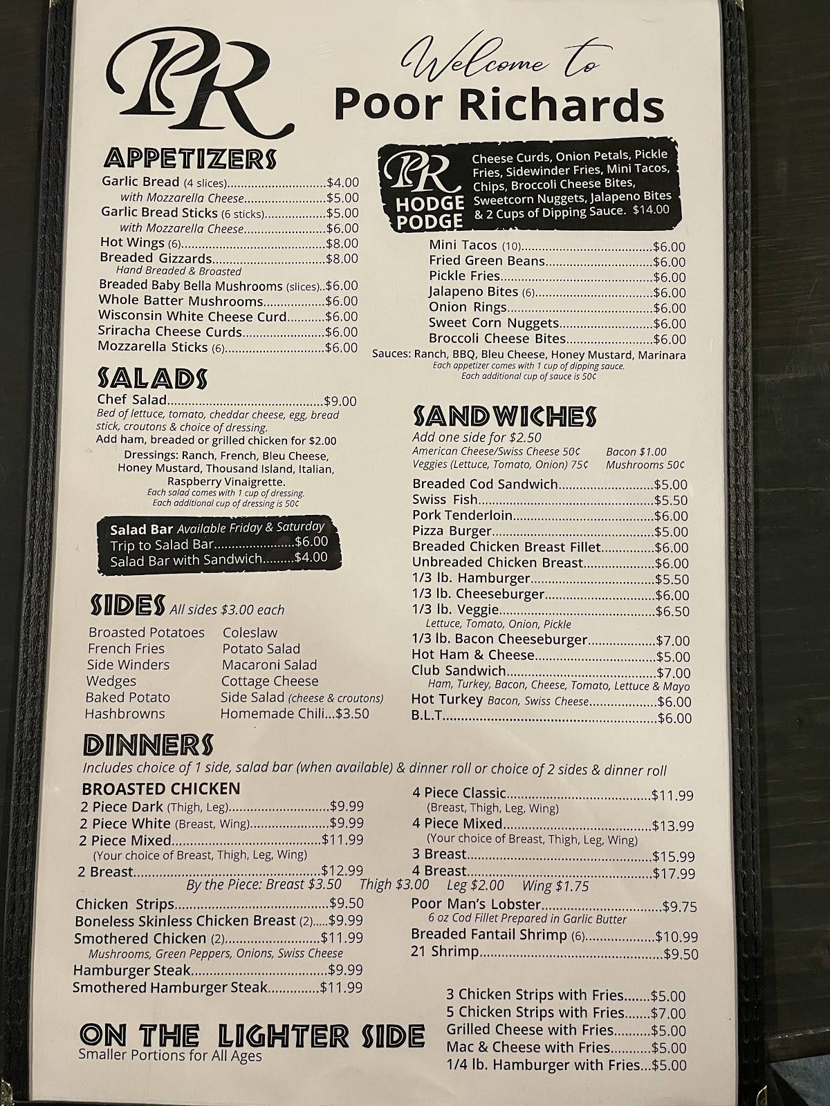 Menu at Poor Richard's Restaurant, New Hampton