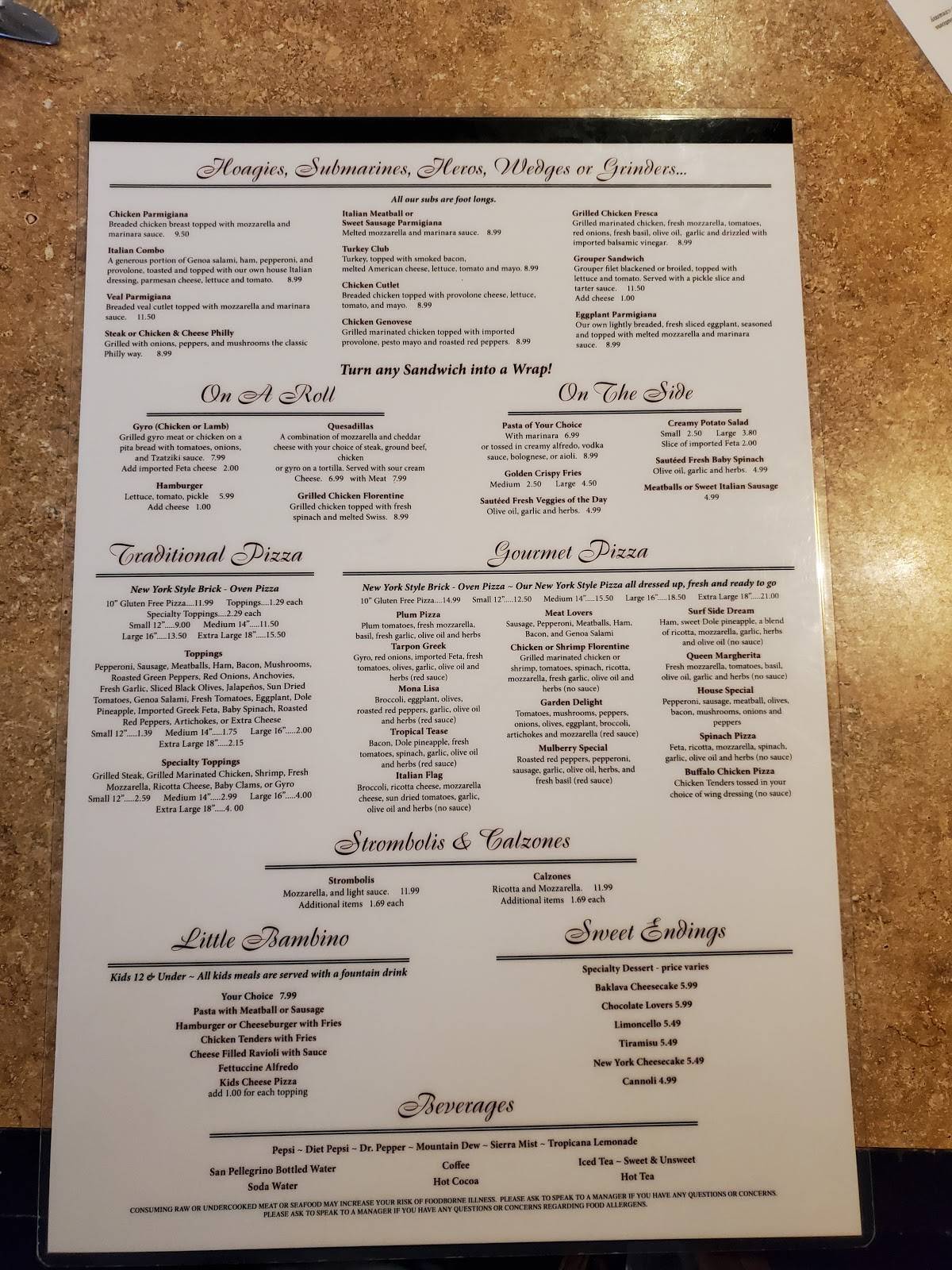 Menu at Plum Tomato Pizzeria, Tarpon Springs, Pinellas Ave