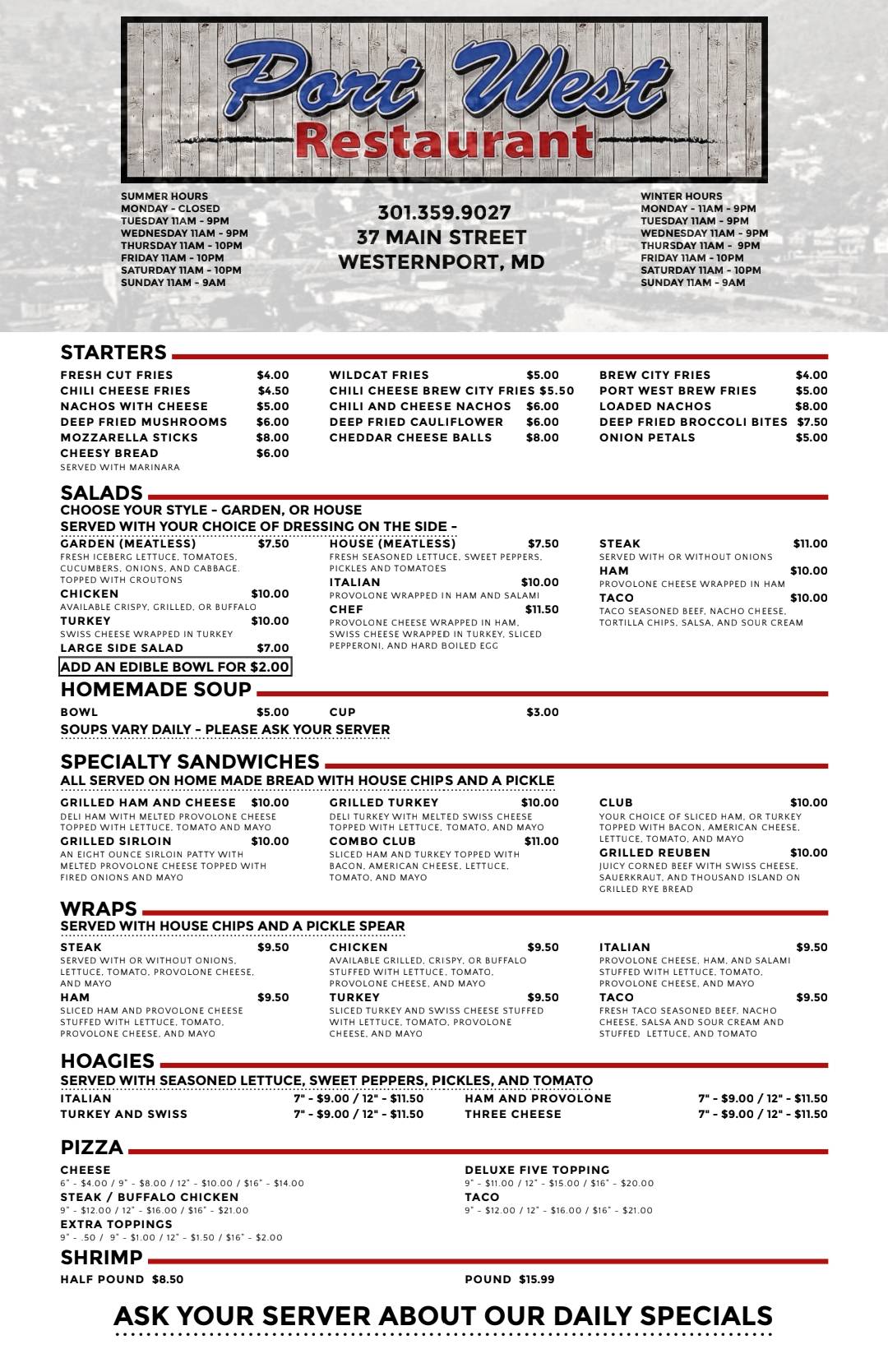 Menu at Port West Restaurant, Westernport