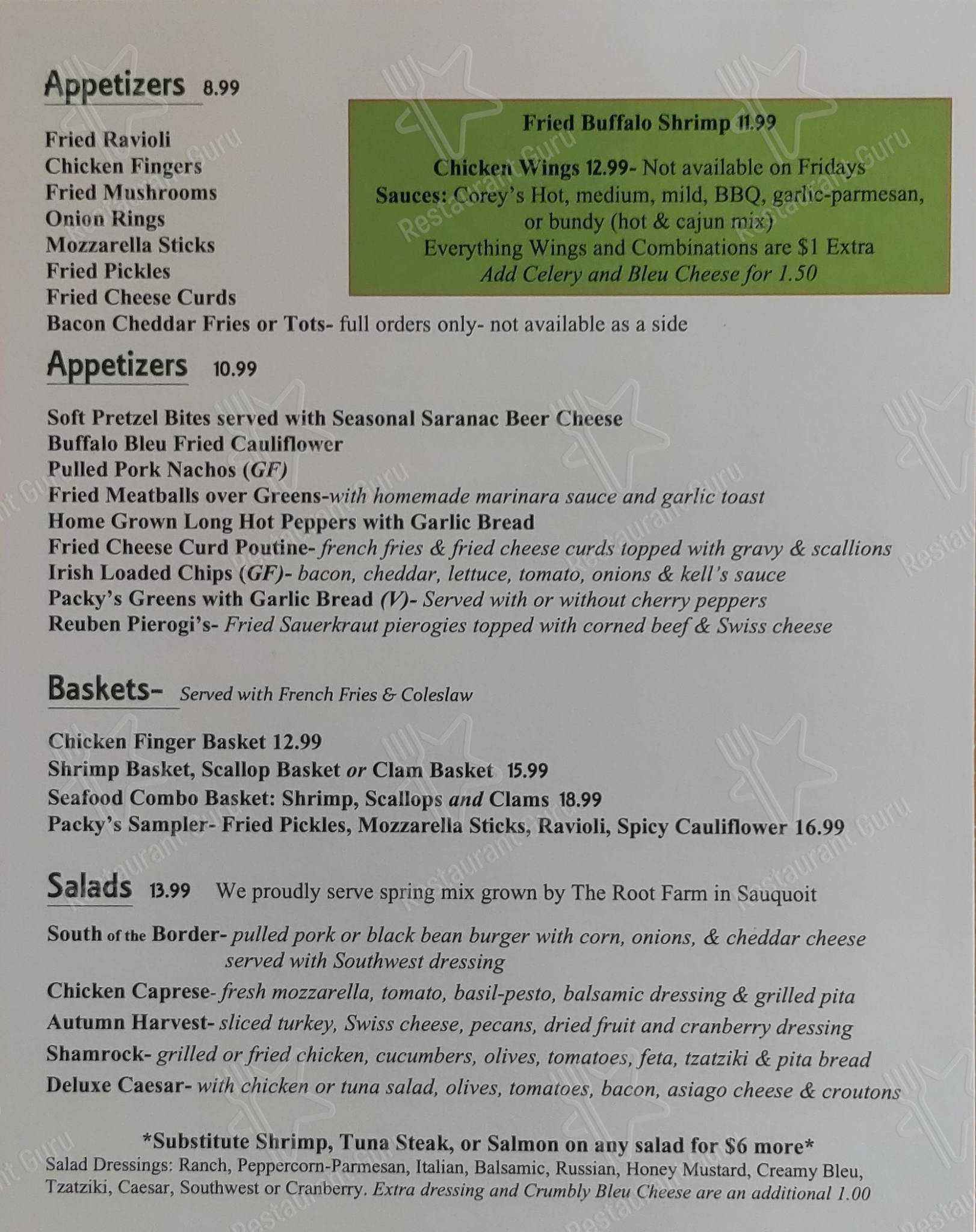 Menu at Packy's Pub, Washington Mills