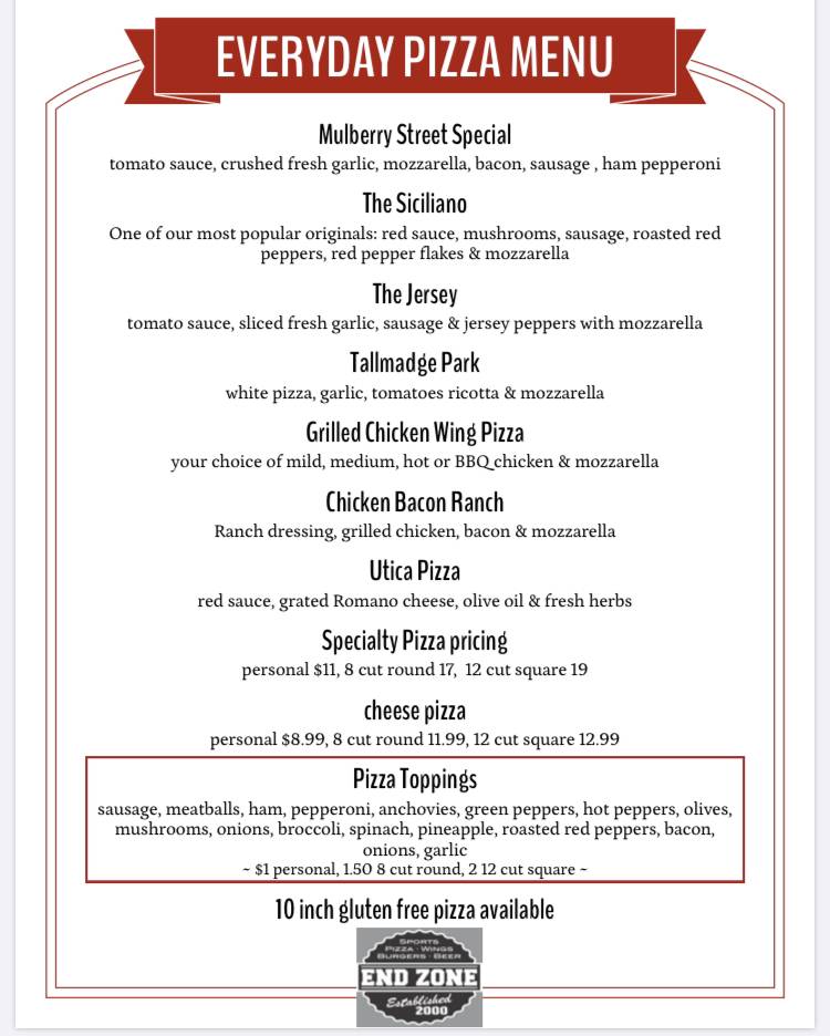 Menu at The End Zone Sports Pub & Restaurant, Mechanicville, 227 Park Ave