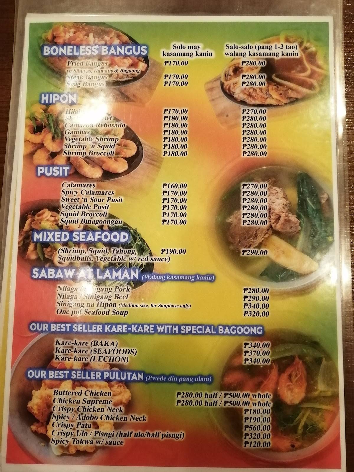 Menu at Paluto Sizzling Nga Po restaurant, Manila, Maceda St