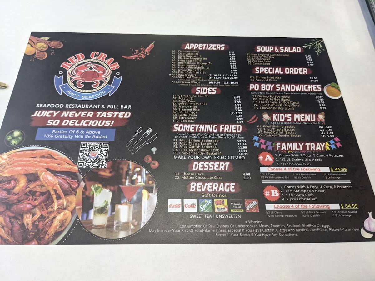 Menu at Red Crab Juicy Seafood pub & bar, WinstonSalem