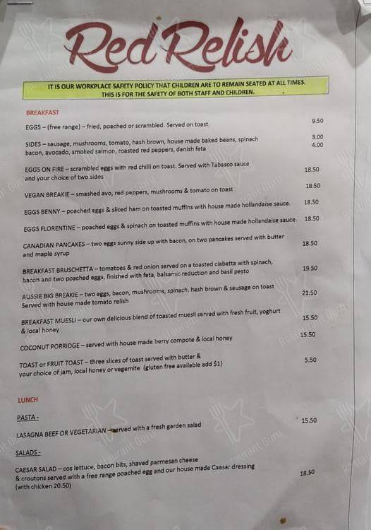 Menu at Red Relish Cafe, Yarra Junction