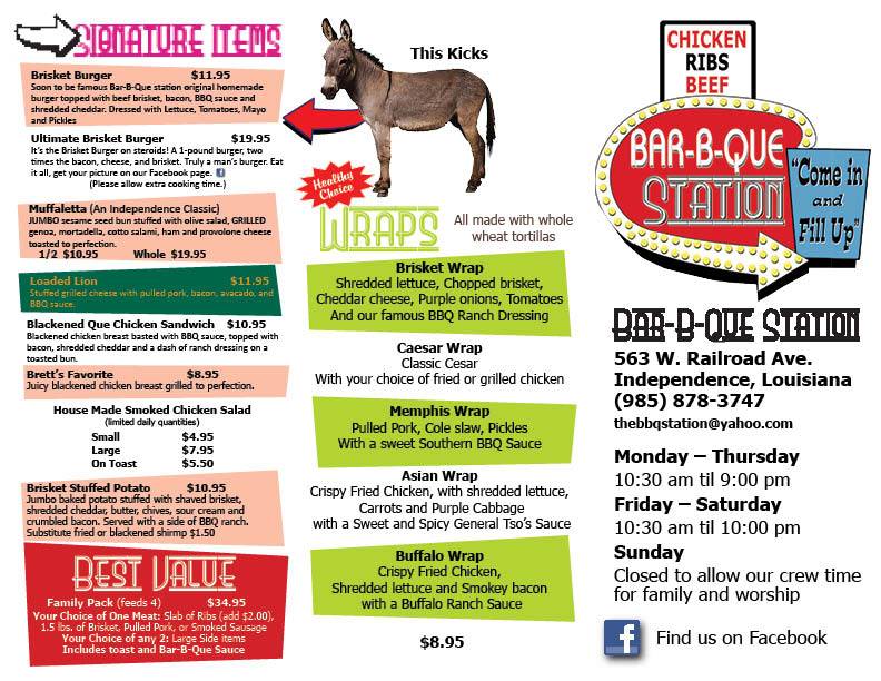 Menu at BarBQue Station 3 Ponchatoula, Ponchatoula
