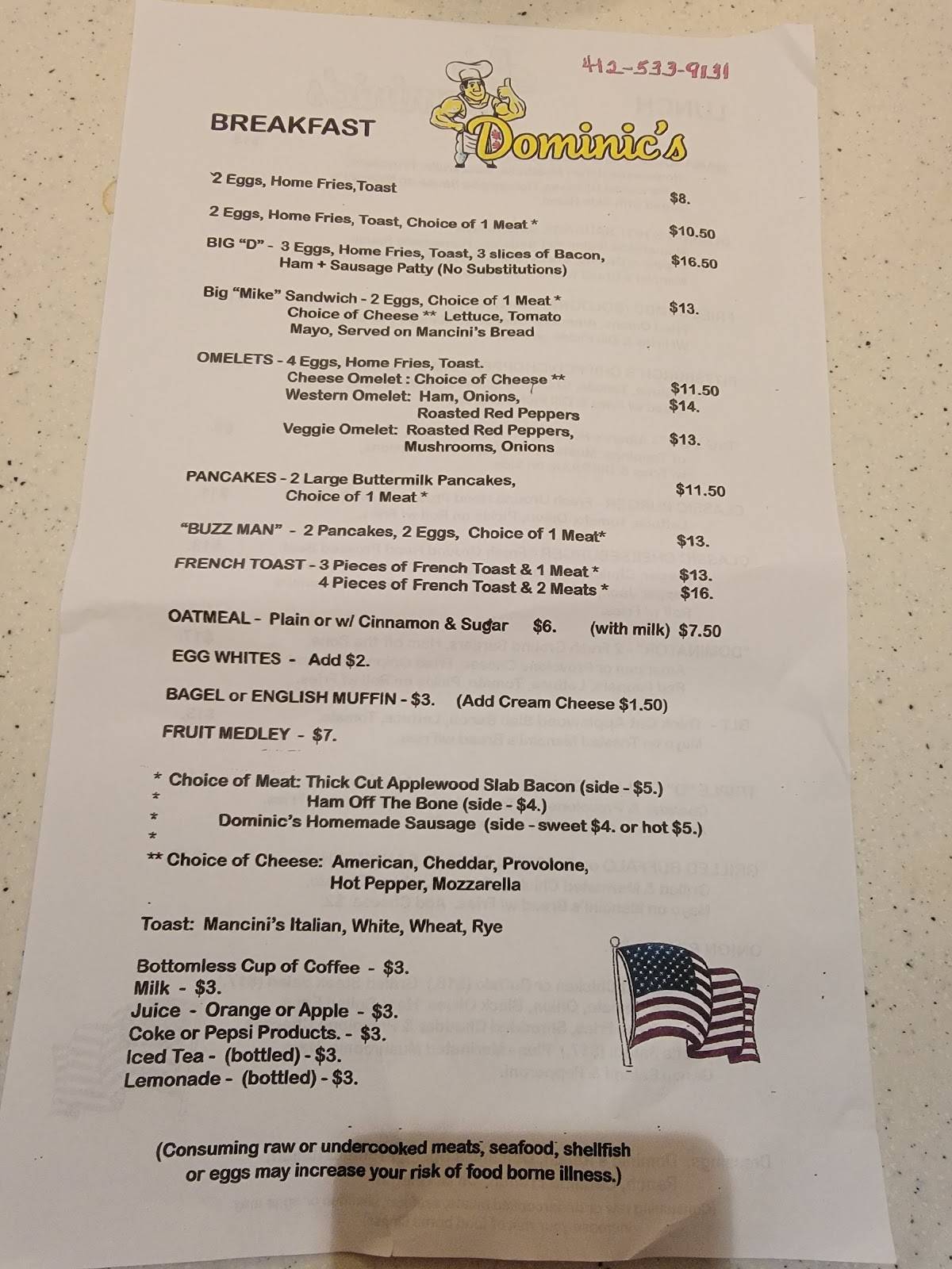 Menu at Dominic’s Diner restaurant, Ross Township