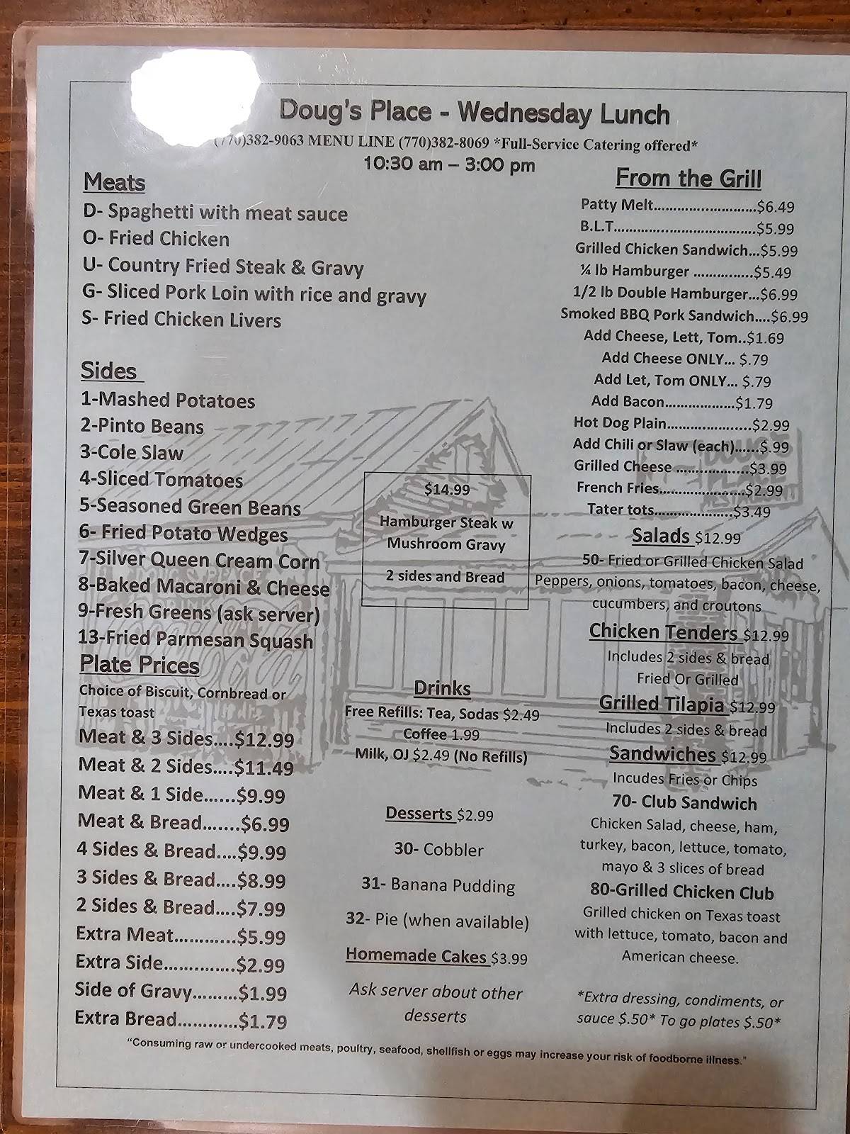 Menu at Doug's Place restaurant, Emerson, 696 GA293