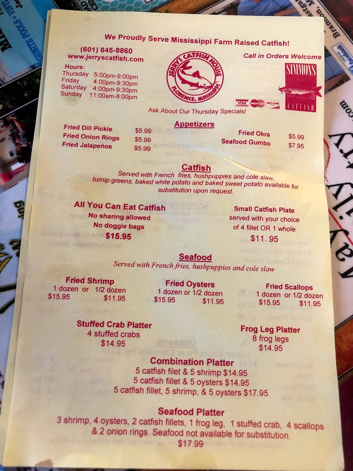Menu at Jerry's Catfish House restaurant, Florence