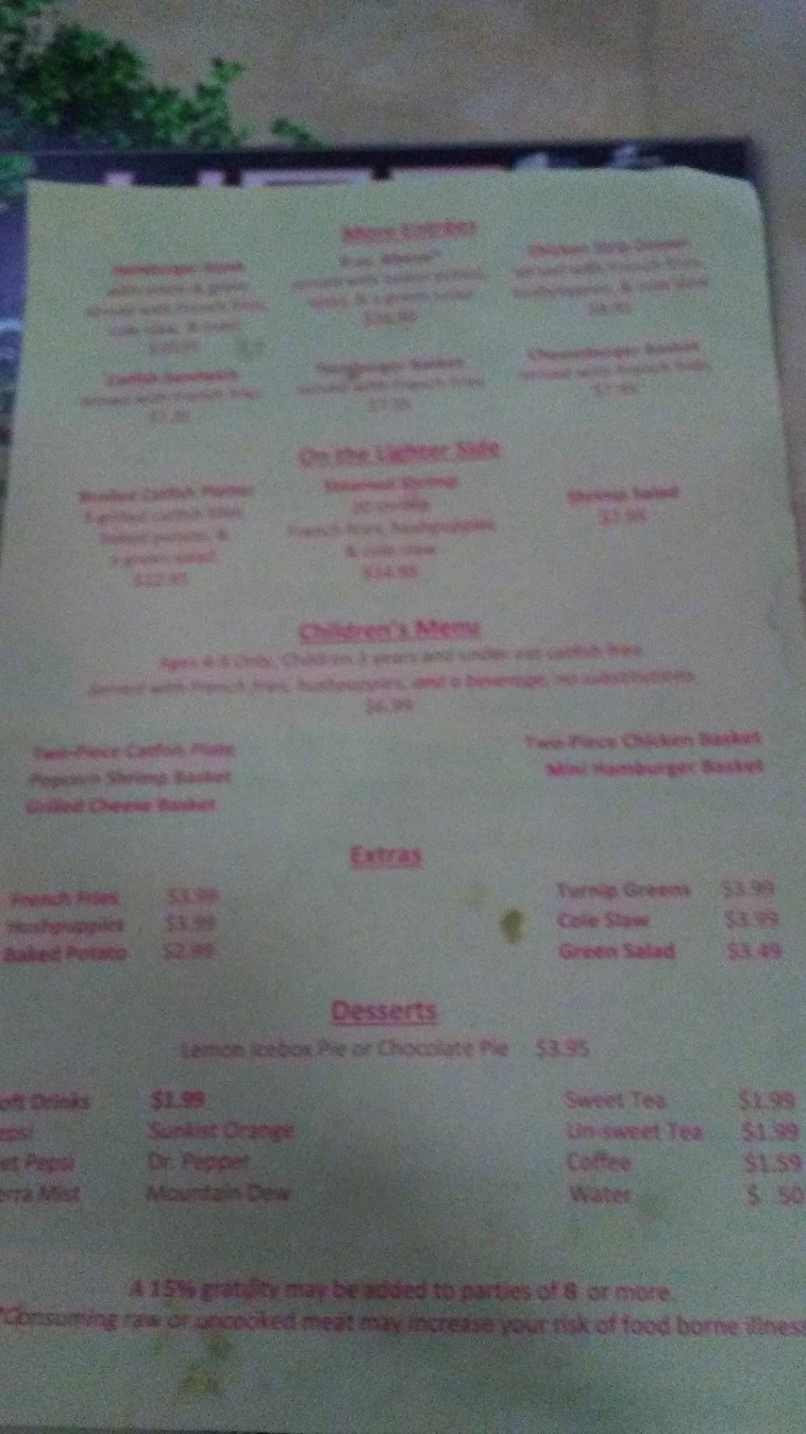 Menu at Jerry's Catfish House restaurant, Florence