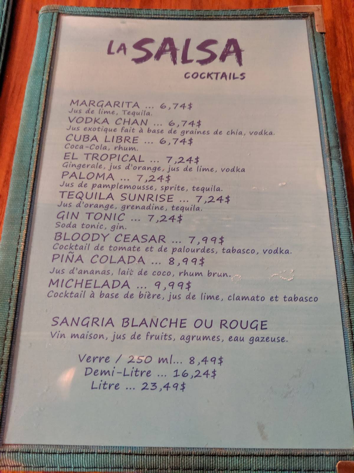 Menu au Restaurant La Salsa, Québec