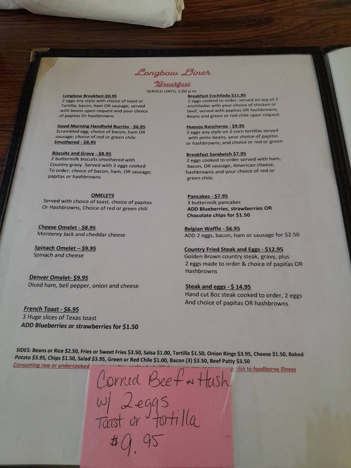 Menu at Longbow Diner restaurant, Rio Communities