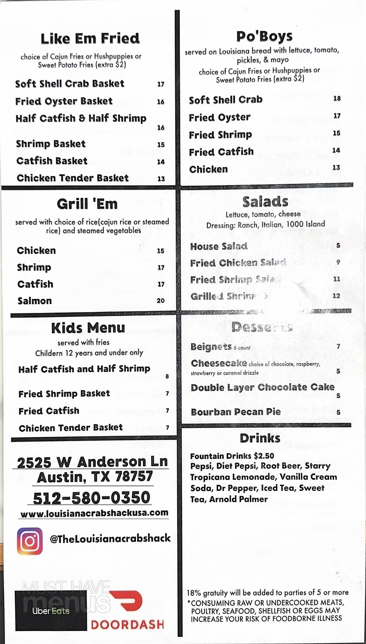 Menu at Louisiana Crab Shack restaurant, Austin, W Anderson Ln. 265
