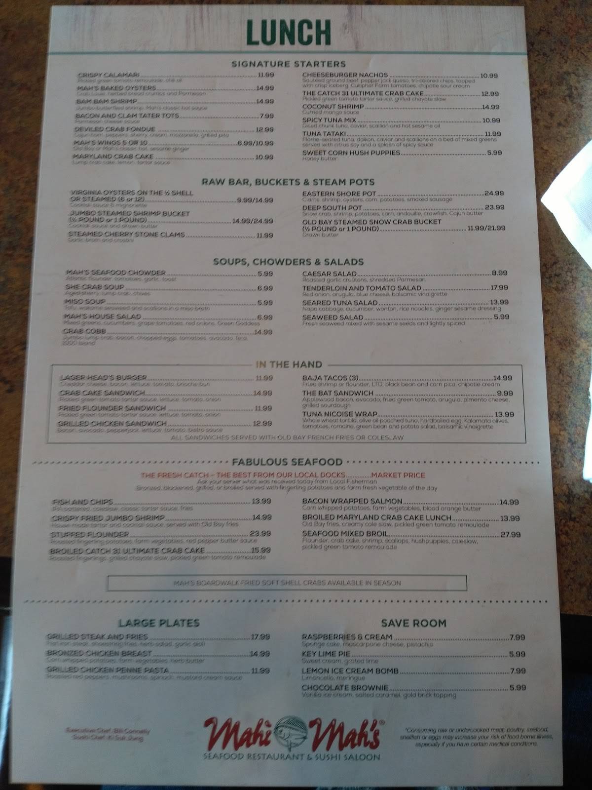 Menu at Mahi's restaurant, Virginia Beach