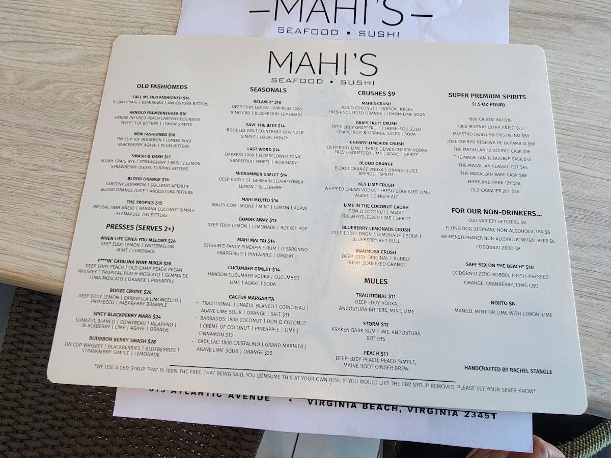 Menu at Mahi's restaurant, Virginia Beach