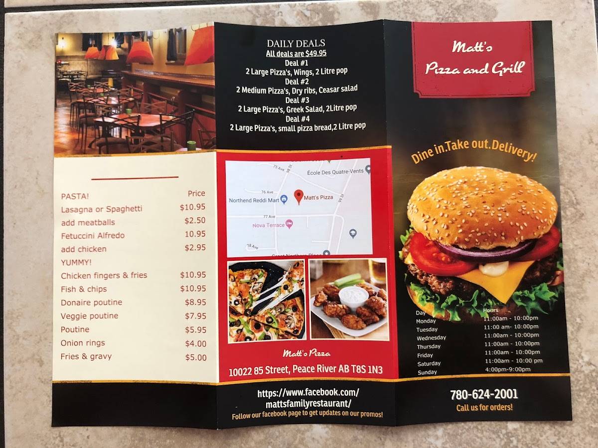 Menu at Matt's Pizza restaurant, Peace River