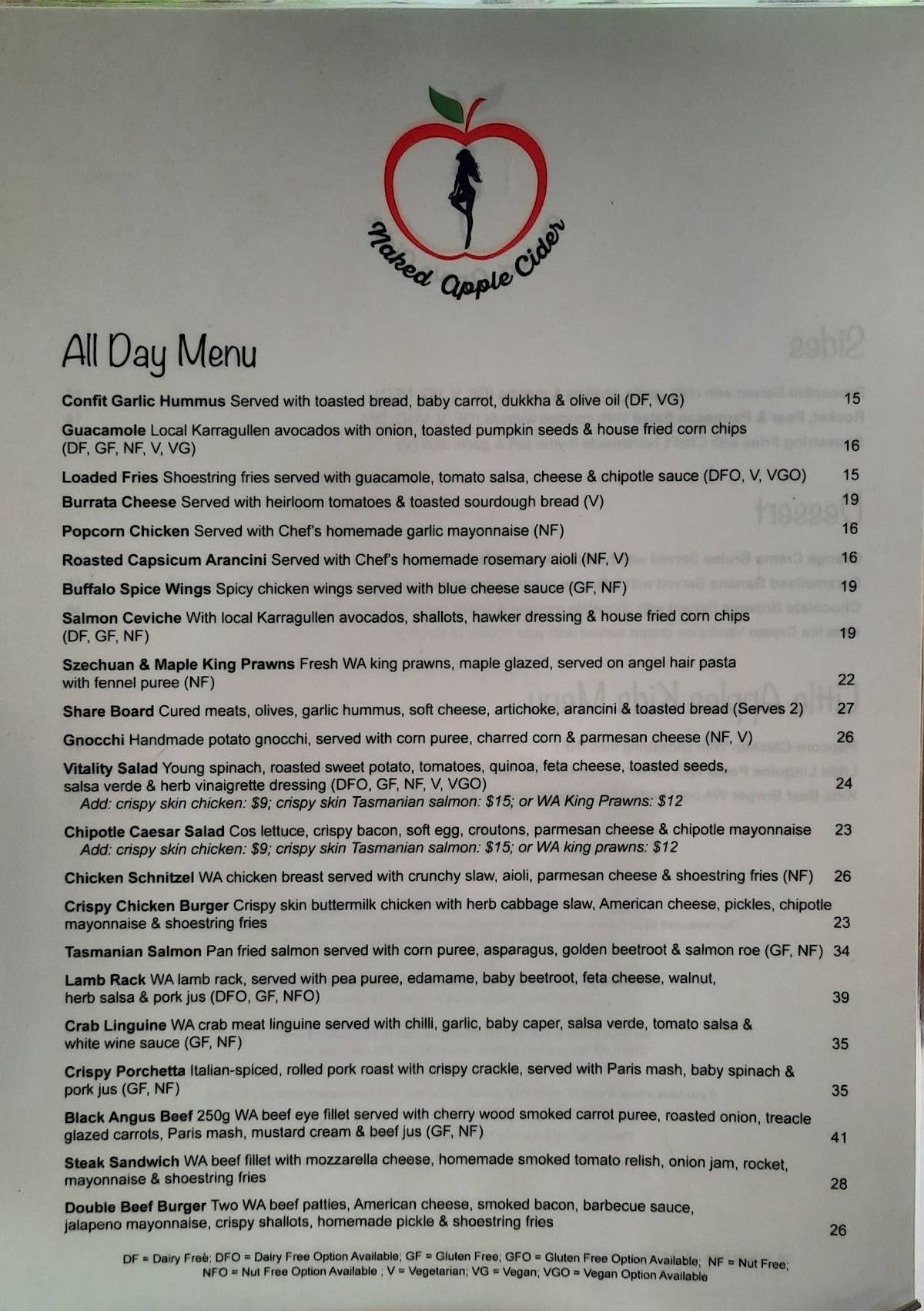 Menu at Naked Apple Cider House restaurant, Karragullen