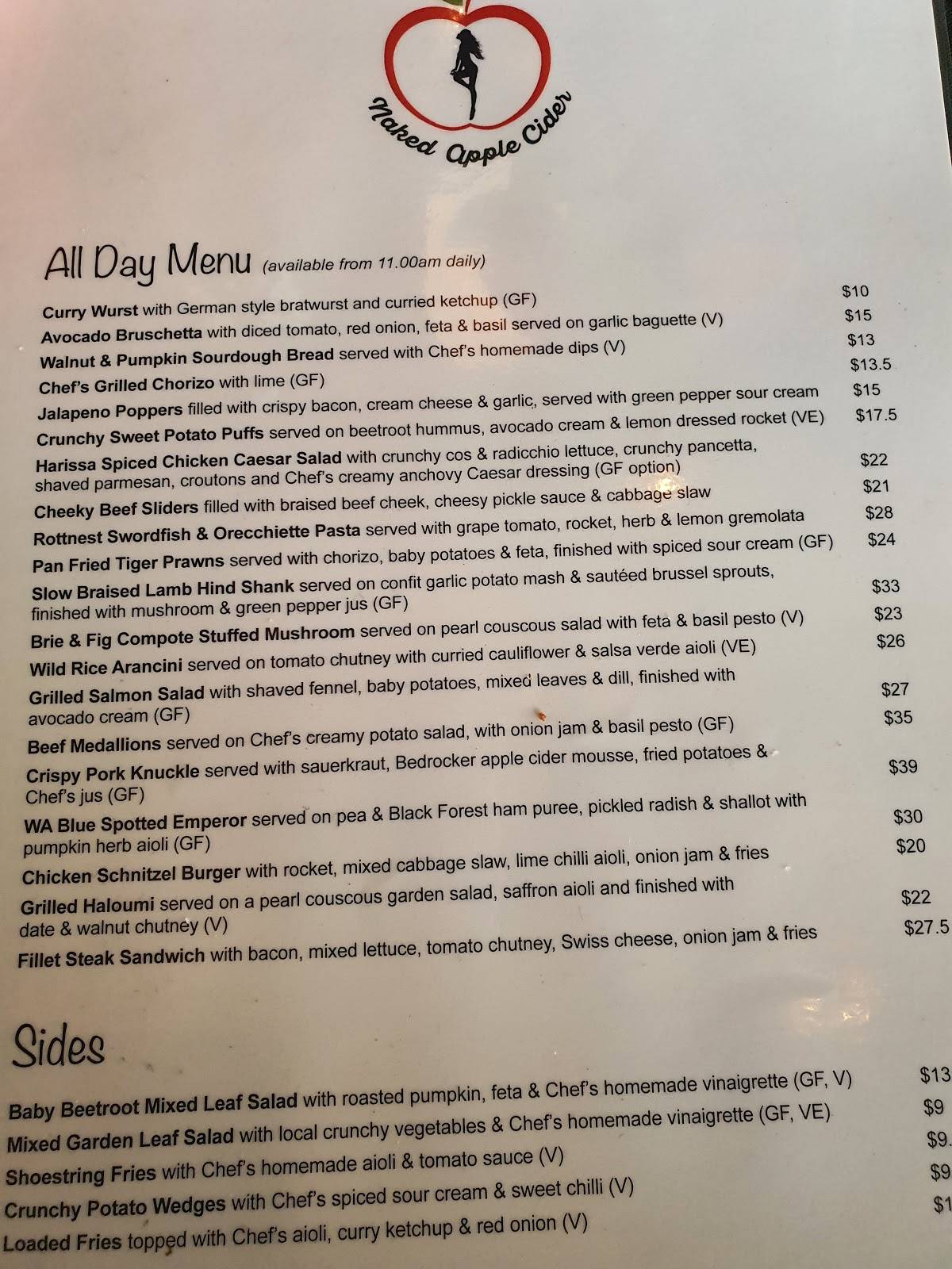 Menu at Naked Apple Cider House restaurant, Karragullen