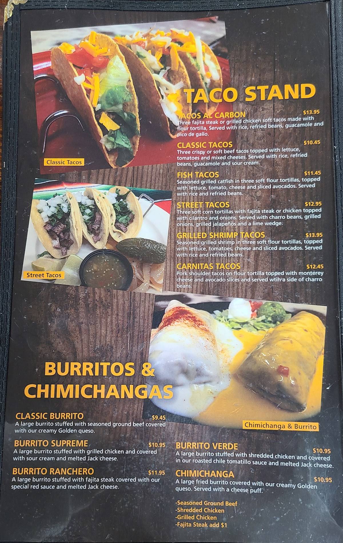 Menu at Rancho Grande restaurant, Tatum