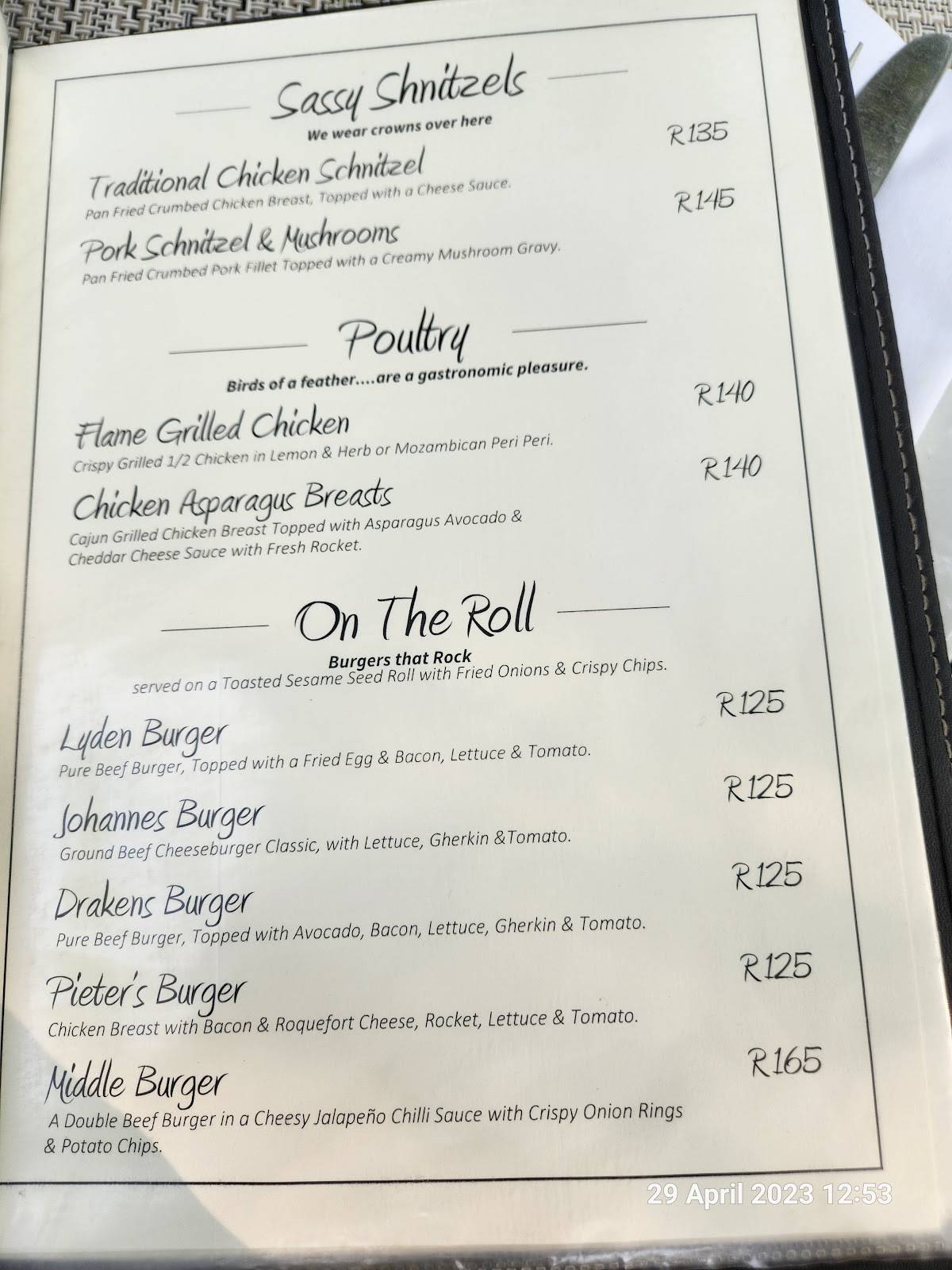 Menu at The Hat & Creek restaurant, Hoedspruit