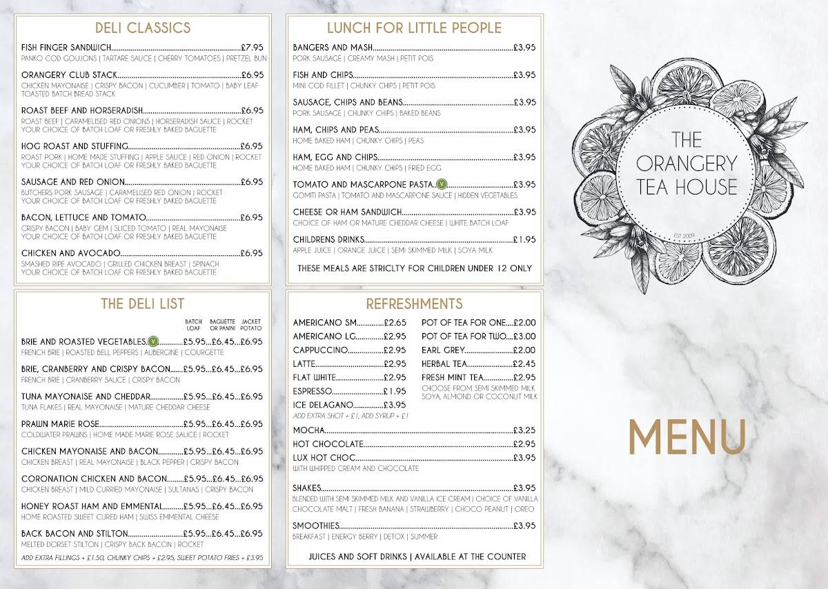 Menu at The Orangery Tea House, The Garden Society restaurant, Southampton