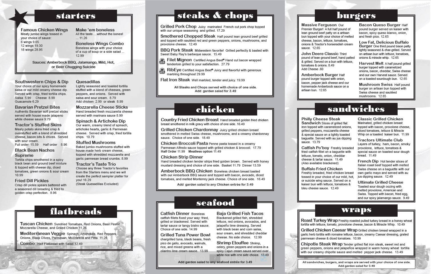Menu at Tractors Classic American Grill restaurant, Jackson