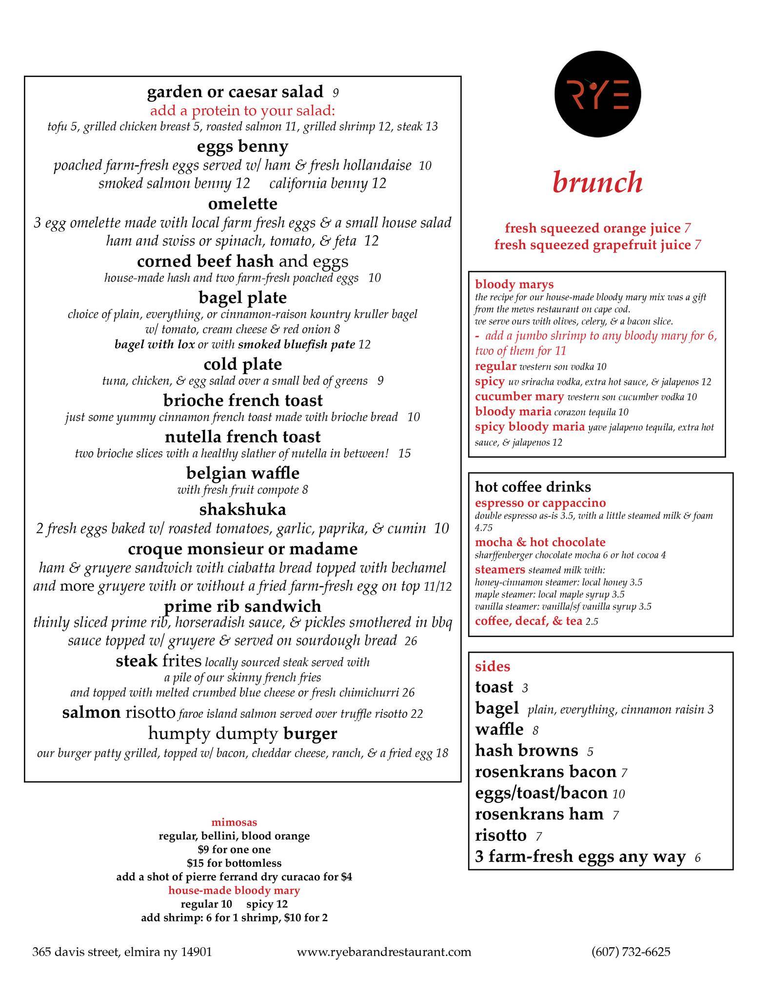 Menu at Rye pub & bar, Elmira