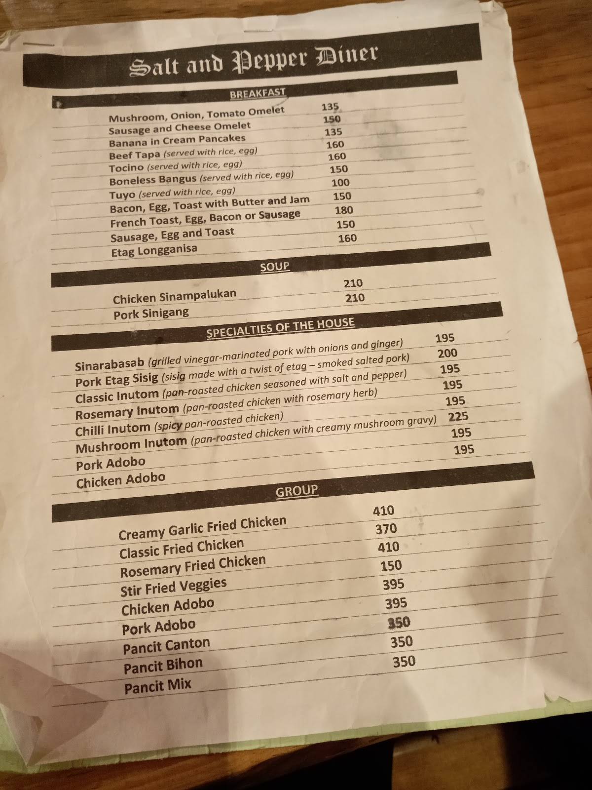 Menu at Salt N Pepper restaurant, Sagada, South Rd