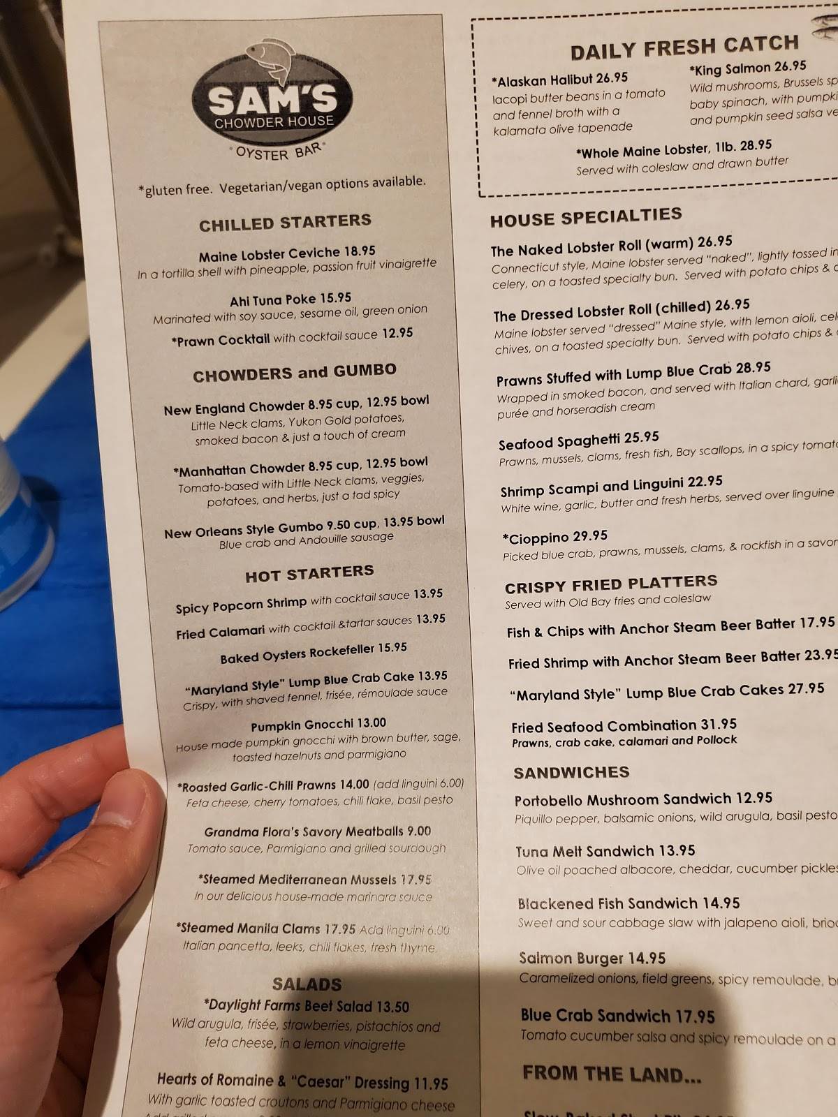 Menu at Sam's Chowder House restaurant, Half Moon Bay