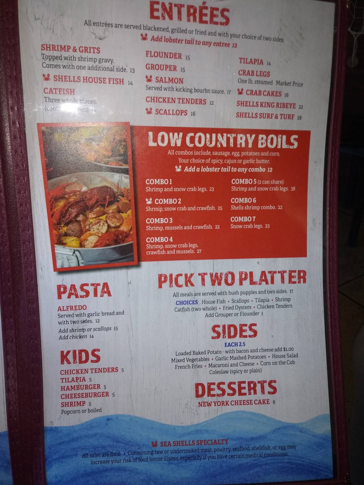 Menu at Sea Shells Seafood Restaurant, Warner Robins
