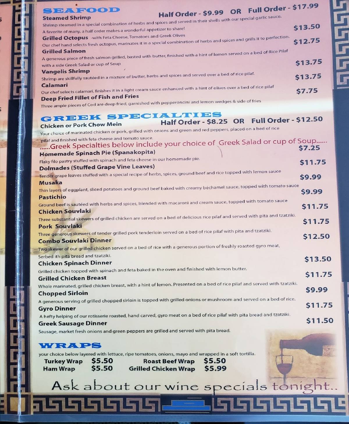 Menu at Seven Springs Souvlaki restaurant, New Port Richey